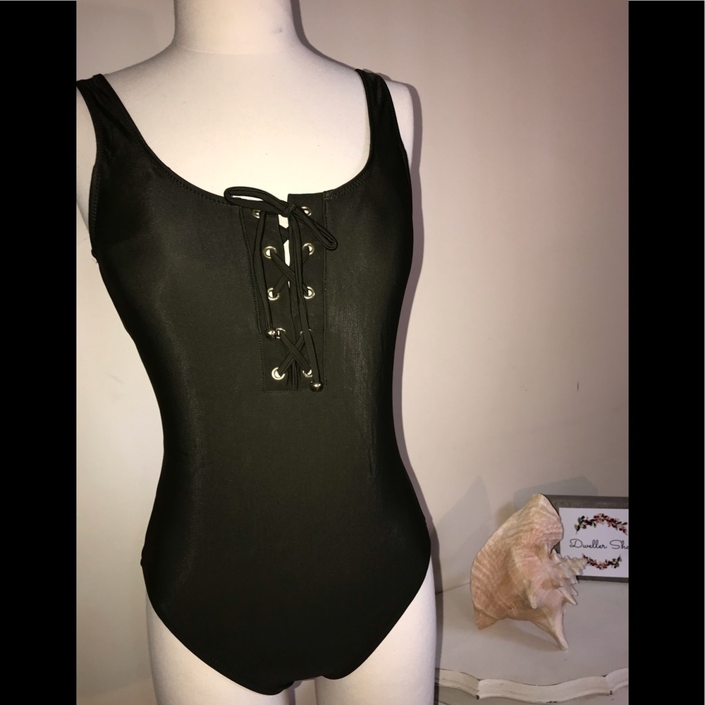 NWT Sexy Lace Up Front Swimsuit Sz Small Dk Green